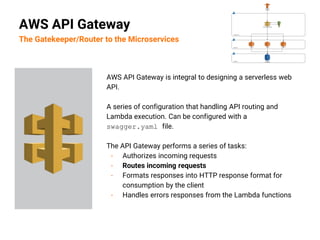 AWS API Gateway is integral to designing a serverless web
API.
A series of configuration that handling API routing and
Lambda execution. Can be configured with a
swagger.yaml file.
The API Gateway performs a series of tasks:
- Authorizes incoming requests
- Routes incoming requests
- Formats responses into HTTP response format for
consumption by the client
- Handles errors responses from the Lambda functions
AWS API Gateway
The Gatekeeper/Router to the Microservices
 