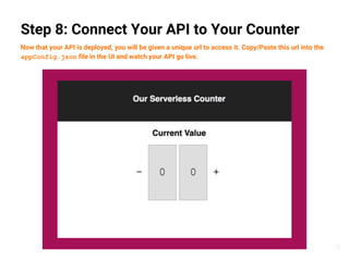 22
Step 8: Connect Your API to Your Counter
Now that your API is deployed, you will be given a unique url to access it. Copy/Paste this url into the
appConfig.json file in the UI and watch your API go live.
 