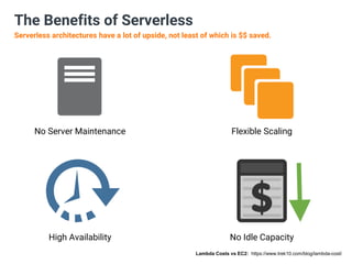 The Benefits of Serverless
Serverless architectures have a lot of upside, not least of which is $$ saved.
No Server Mainte...