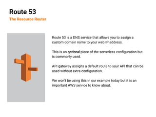 Route 53 is a DNS service that allows you to assign a
custom domain name to your web IP address.
This is an optional piece...
