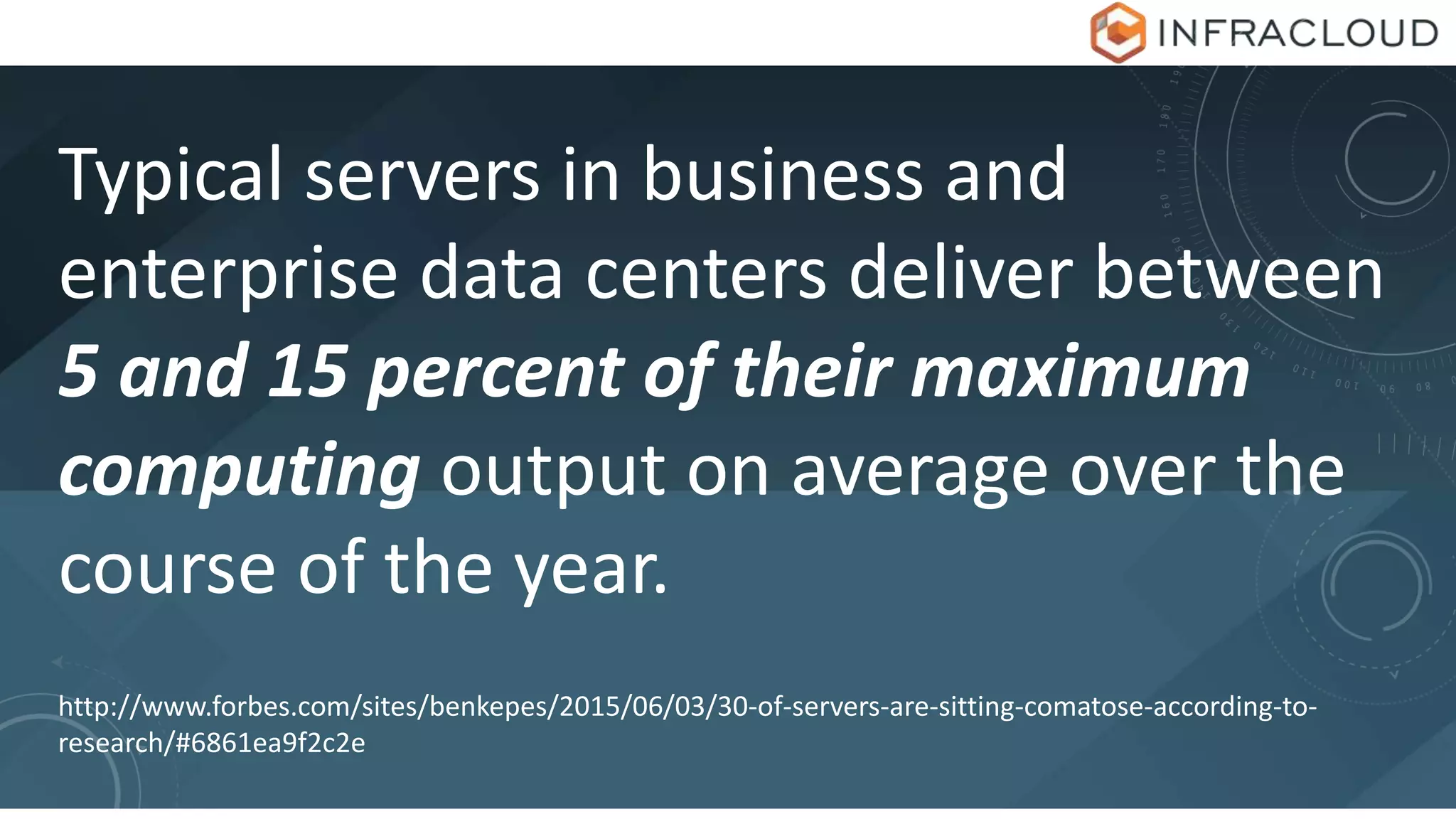 Typical servers in business and
enterprise data centers deliver between
5 and 15 percent of their maximum
computing output on average over the
course of the year.
http://www.forbes.com/sites/benkepes/2015/06/03/30-of-servers-are-sitting-comatose-according-to-
research/#6861ea9f2c2e
 