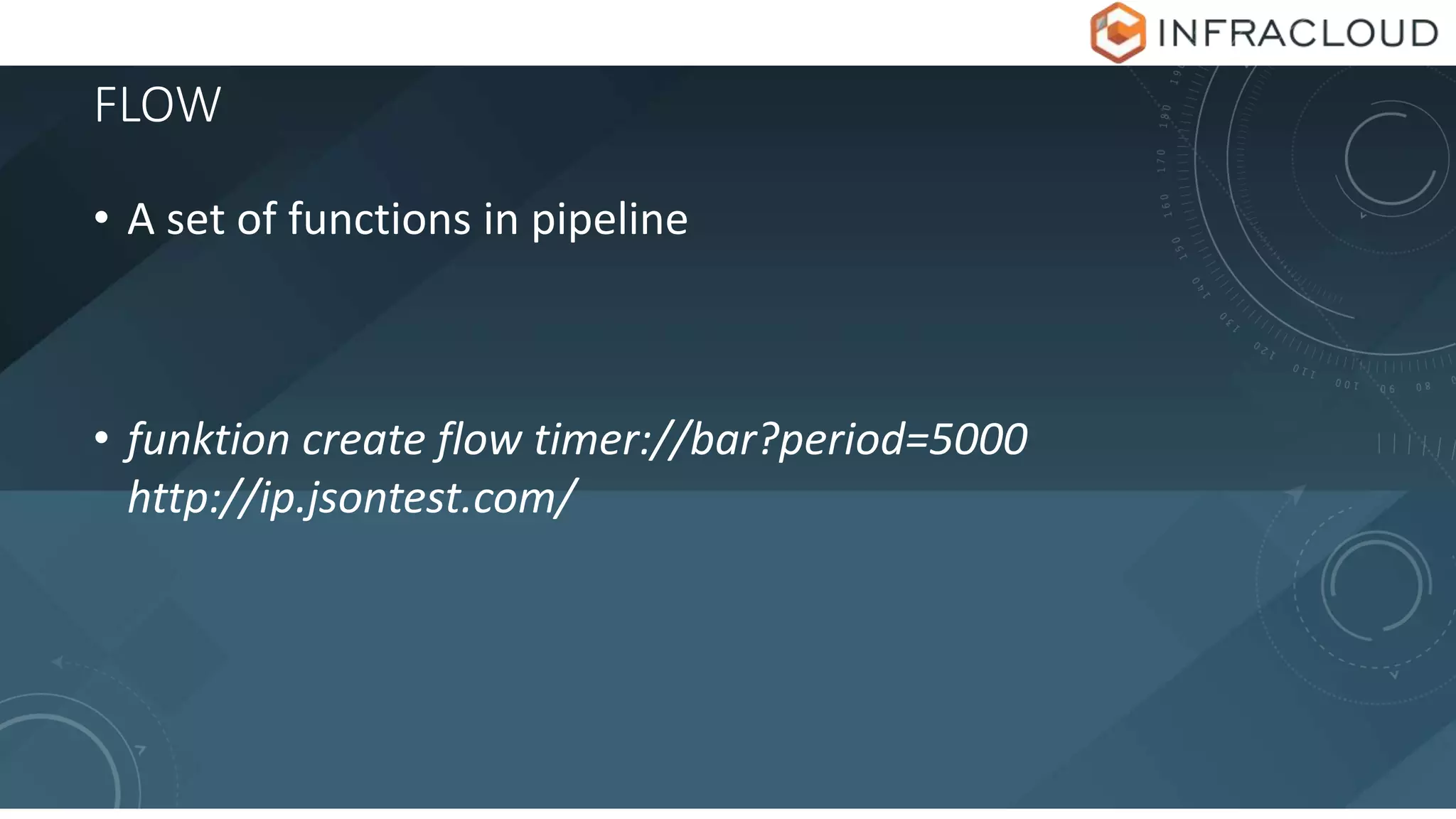 FLOW
• A set of functions in pipeline
• funktion create flow timer://bar?period=5000
http://ip.jsontest.com/
 
