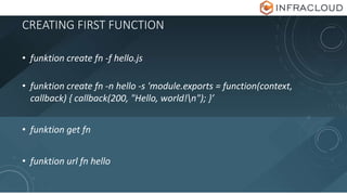 CREATING FIRST FUNCTION
• funktion create fn -f hello.js
• funktion create fn -n hello -s 'module.exports = function(context,
callback) { callback(200, "Hello, world!n"); }’
• funktion get fn
• funktion url fn hello
 