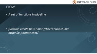 FLOW
• A set of functions in pipeline
• funktion create flow timer://bar?period=5000
http://ip.jsontest.com/
 