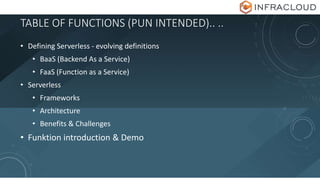 TABLE OF FUNCTIONS (PUN INTENDED).. ..
• Defining Serverless - evolving definitions
• BaaS (Backend As a Service)
• FaaS (Function as a Service)
• Serverless
• Frameworks
• Architecture
• Benefits & Challenges
• Funktion introduction & Demo
 