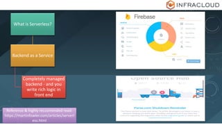 What is Serverless?
Backend as a Service
Completely managed
backend - and you
write rich logic in
front end
Reference & highly reccomended read:
https://martinfowler.com/articles/serverl
ess.html
 