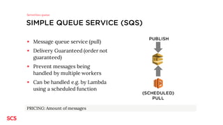SIMPLE QUEUE SERVICE (SQS)
§ Message queue service (pull)
§ Delivery Guaranteed (order not
guaranteed)
§ Prevent messages ...