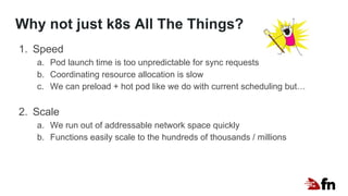 Why not just k8s All The Things?
1. Speed
a. Pod launch time is too unpredictable for sync requests
b. Coordinating resource allocation is slow
c. We can preload + hot pod like we do with current scheduling but…
2. Scale
a. We run out of addressable network space quickly
b. Functions easily scale to the hundreds of thousands / millions
 