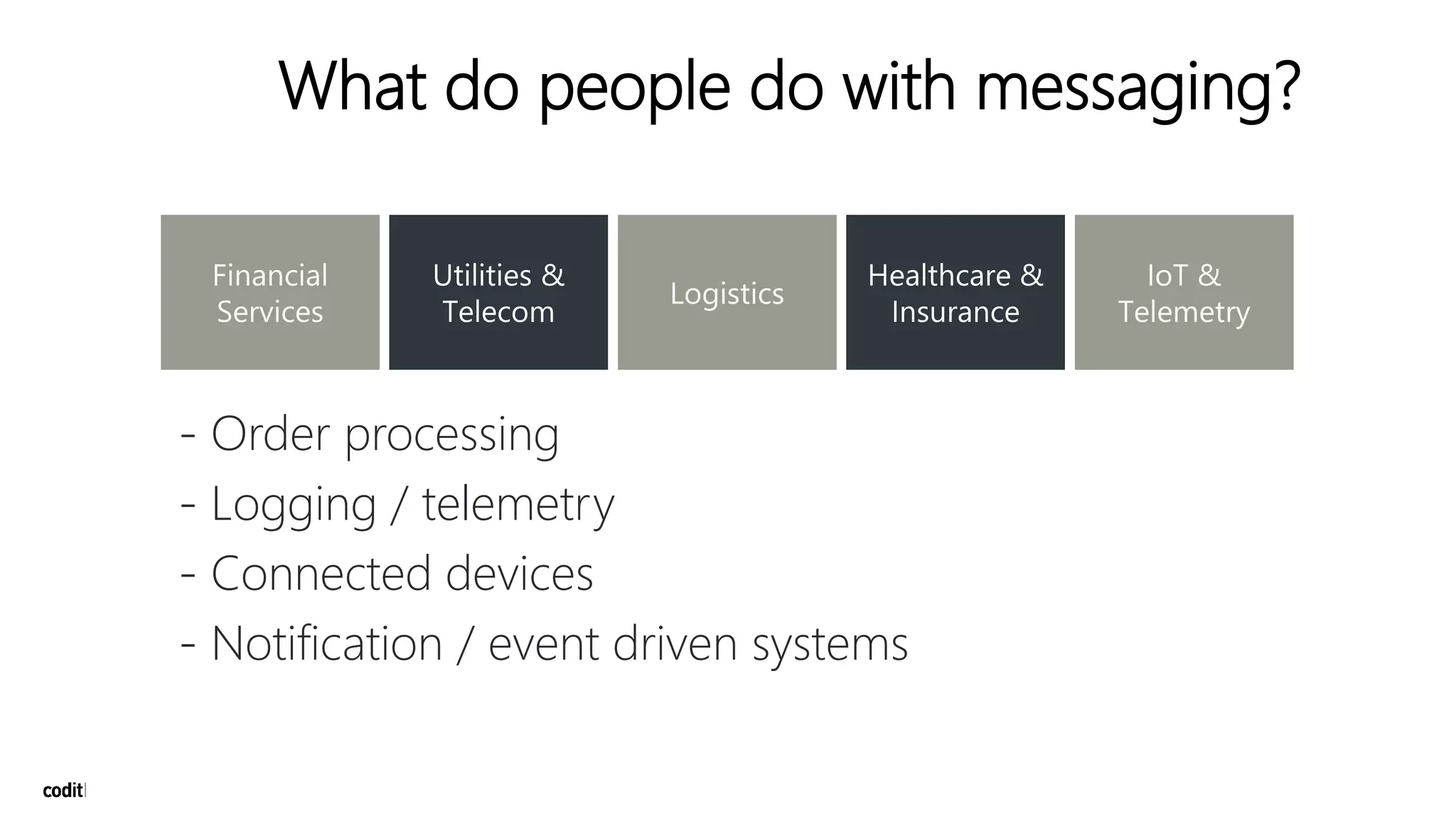 What do people do with messaging?
- Order processing
- Logging / telemetry
- Connected devices
- Notification / event driven systems
 
