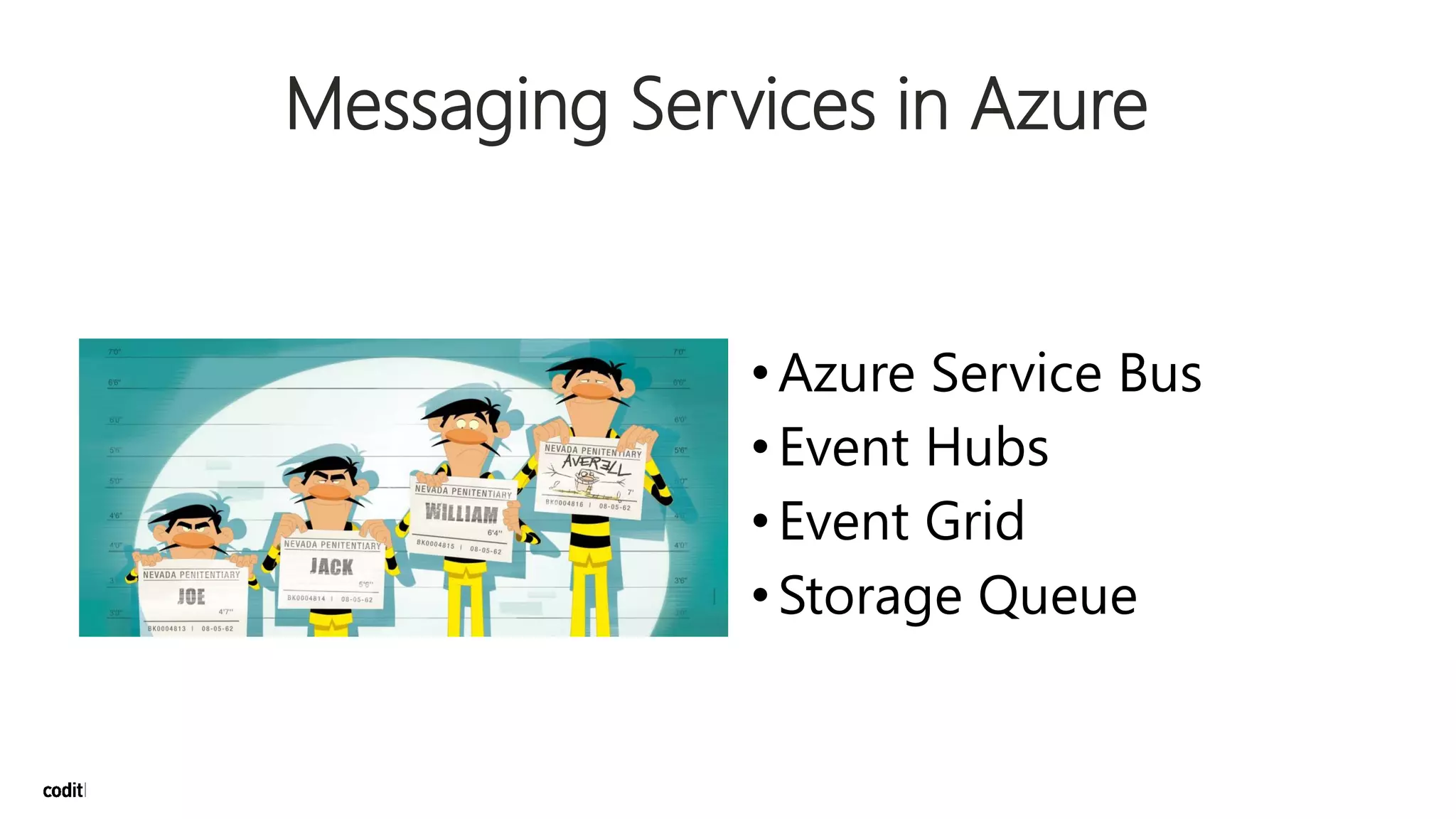 Messaging Services in Azure
•Azure Service Bus
•Event Hubs
•Event Grid
•Storage Queue
 