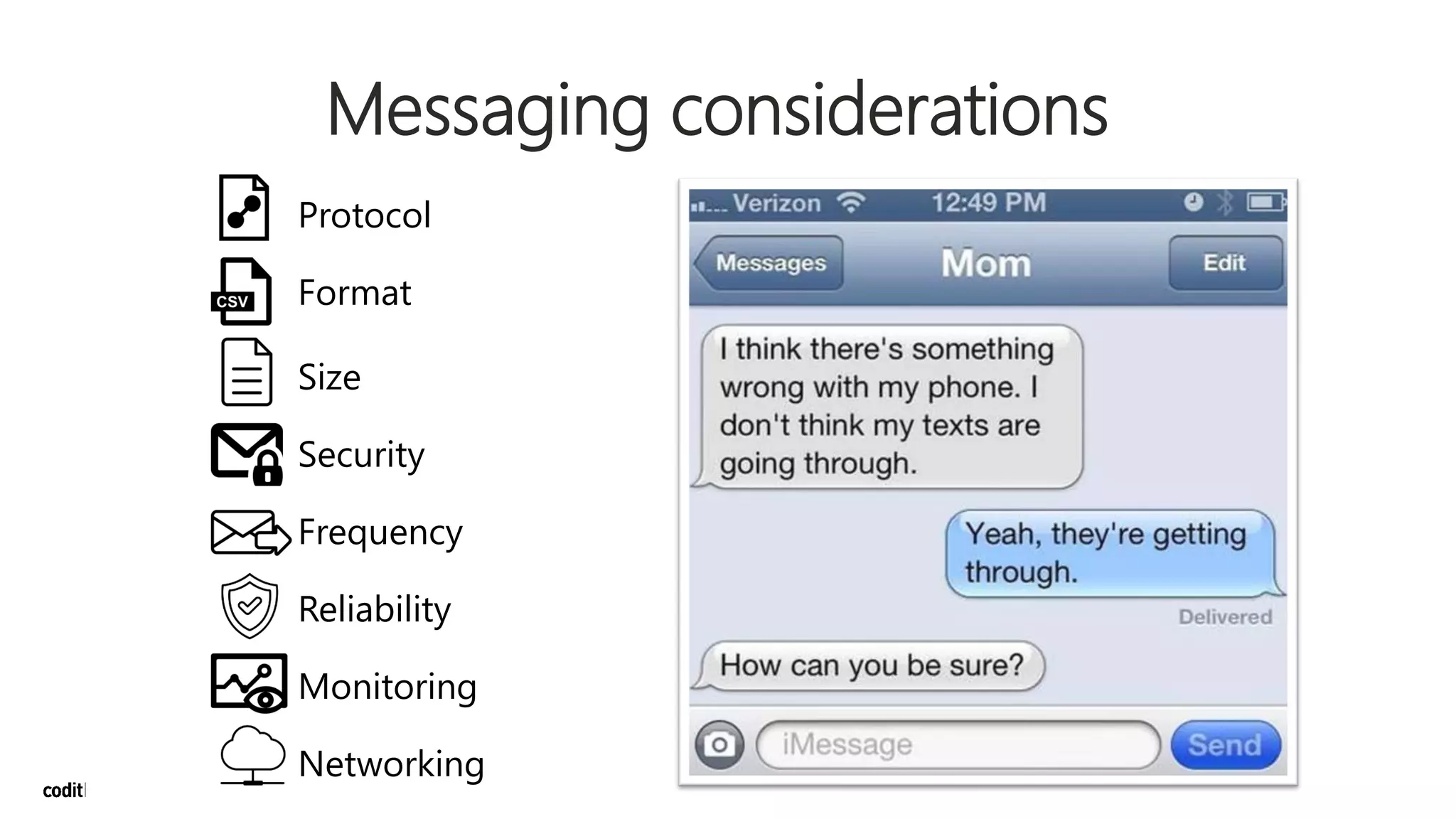 Messaging considerations
Protocol
Format
Size
Security
Frequency
Reliability
Monitoring
Networking
 