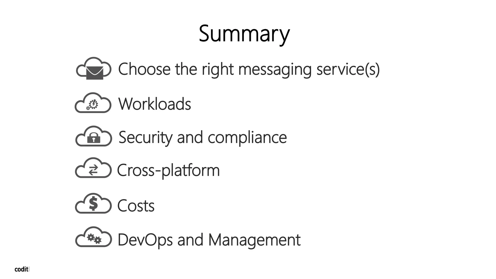 Summary
Choose the right messaging service(s)
Workloads
Cross-platform
Costs
DevOps and Management
Security and compliance
 