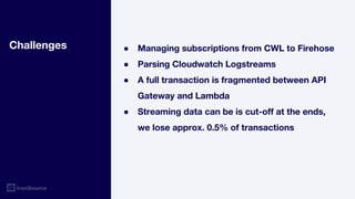 Challenges ● Managing subscriptions from CWL to Firehose
● Parsing Cloudwatch Logstreams
● A full transaction is fragmented between API
Gateway and Lambda
● Streaming data can be is cut-off at the ends,
we lose approx. 0.5% of transactions
 