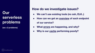 Our
serverless
problems
(we <3 problems)
How do we investigate issues?
● We can’t use existing tools (no ssh, ELK..)
● How can we get an overview of each endpoint
of our service?
● What errors are happening, and why?
● Why is our cache performing poorly?
 