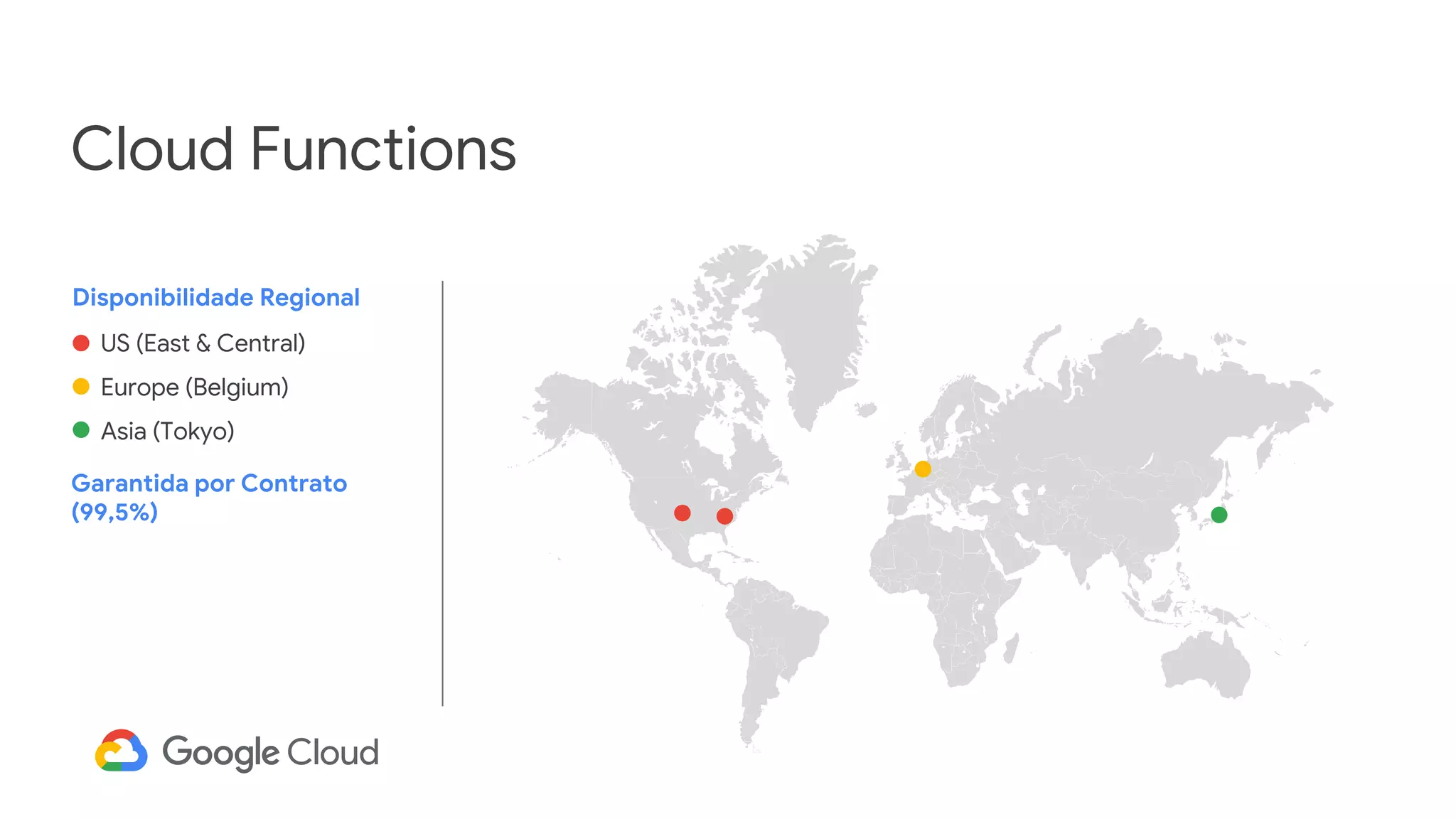 Cloud Functions
Disponibilidade Regional
US (East & Central)
Europe (Belgium)
Asia (Tokyo)
Garantida por Contrato
(99,5%)
 