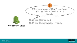 CloudWatch Logs
$0.50 per GB ingested
$0.03 per GB archived per month
1M invocation of a 128MB function =
$0.000000208 * 1M + $0.20 =
$0.408
 