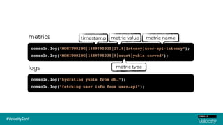 console.log(“hydrating yubls from db…”);
console.log(“fetching user info from user-api”);
console.log(“MONITORING|1489795335|27.4|latency|user-api-latency”);
console.log(“MONITORING|1489795335|8|count|yubls-served”);
timestamp metric value
metric type
metric namemetrics
logs
 