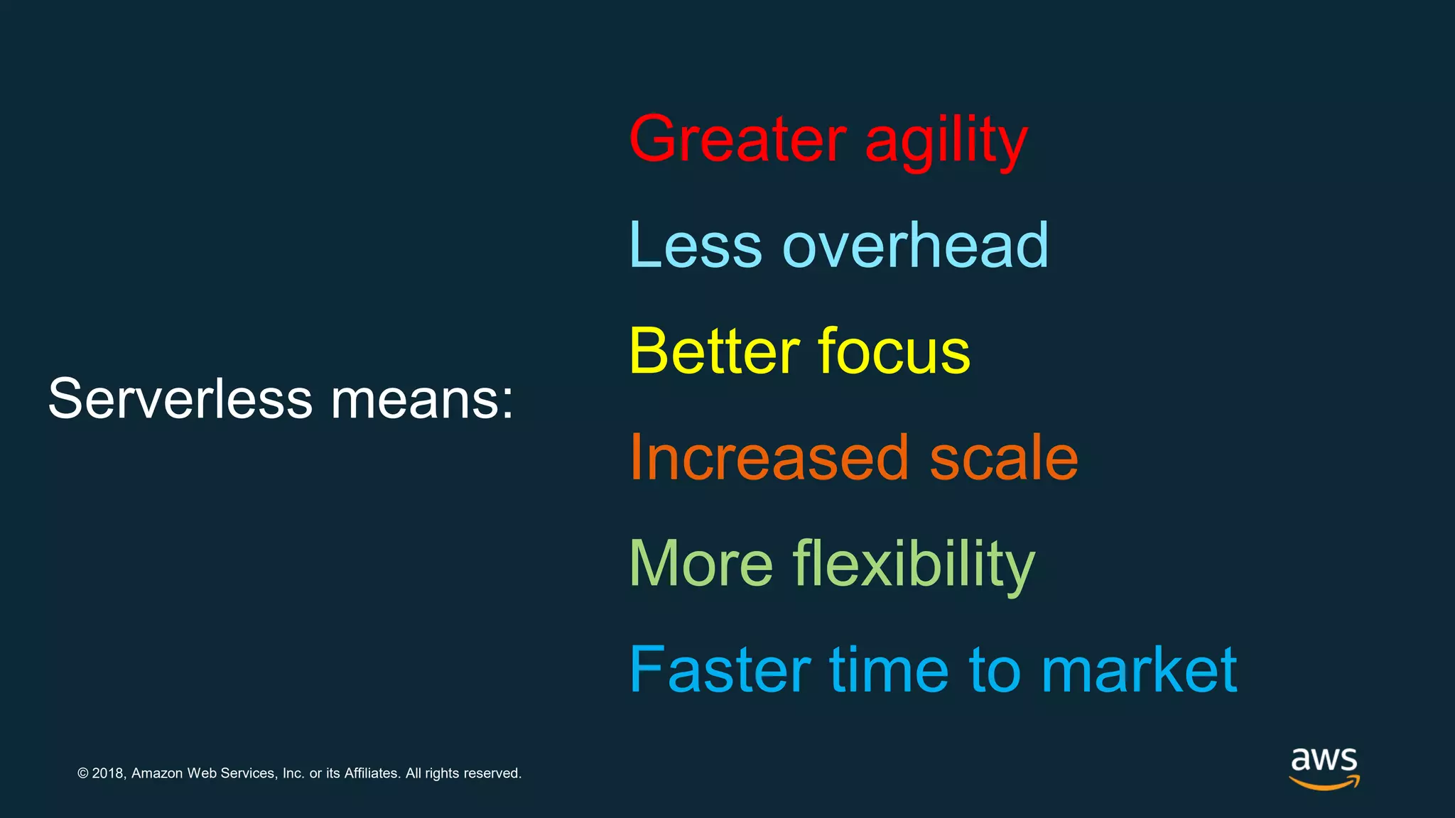 © 2018, Amazon Web Services, Inc. or its Affiliates. All rights reserved. Serverless means: Greater agility Less overhead Better focus Increased scale More flexibility Faster time to market 