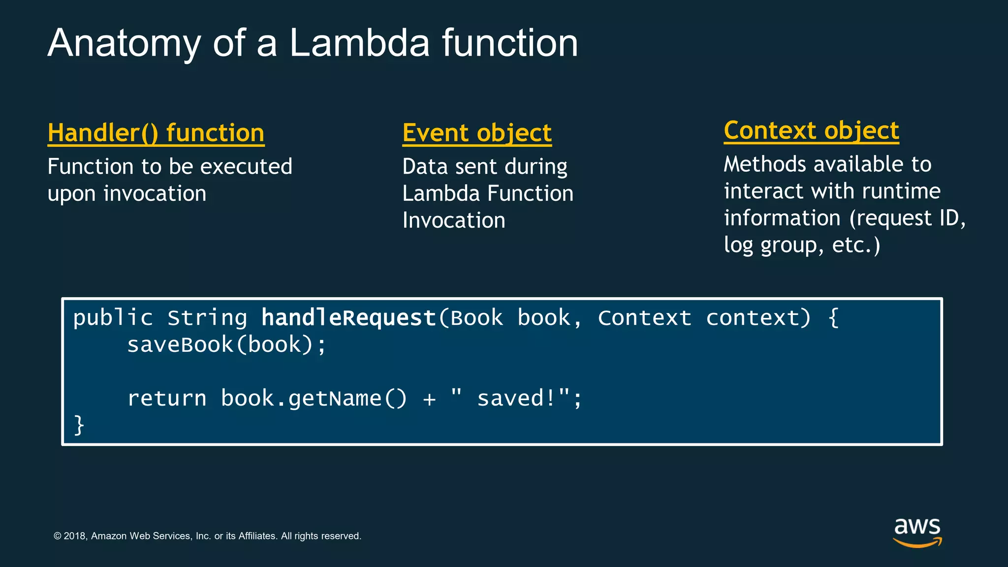 © 2018, Amazon Web Services, Inc. or its Affiliates. All rights reserved. Handler() function Function to be executed upon invocation Event object Data sent during Lambda Function Invocation Context object Methods available to interact with runtime information (request ID, log group, etc.) public String handleRequest(Book book, Context context) { saveBook(book); return book.getName() + " saved!"; } Anatomy of a Lambda function 