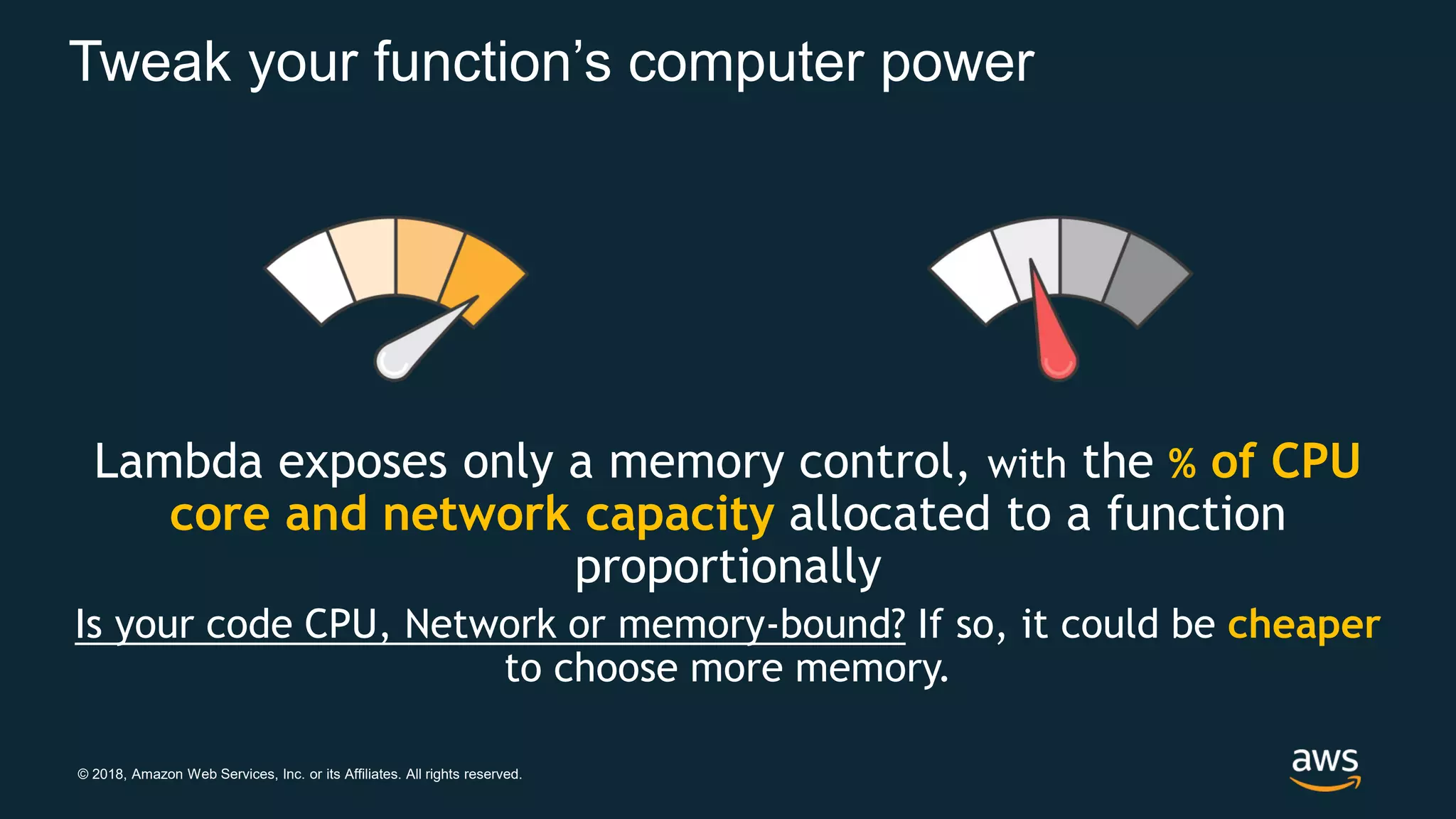 © 2018, Amazon Web Services, Inc. or its Affiliates. All rights reserved. Tweak your function’s computer power Lambda exposes only a memory control, with the % of CPU core and network capacity allocated to a function proportionally Is your code CPU, Network or memory-bound? If so, it could be cheaper to choose more memory. 