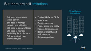 © 2018, Amazon Web Services, Inc. or its Affiliates. All rights reserved.
But there are still limitations
Physical Servers
in Datacenters
Virtual Servers
in Datacenters
a
Virtual Servers
in the Cloud
• Higher utilization
• Faster provisioning speed
• Improved uptime
• Disaster recovery
• Hardware independence
• Trade CAPEX for OPEX
• More scale
• Elastic resources
• Faster speed and agility
• Reduced maintenance
• Better availability and
fault tolerance
• Better Automation
• Still need to administer
virtual servers
• Still need to manage
capacity and utilization
• Still need to size workloads
• Still need to manage
availability, fault tolerance
• Still expensive to run
intermittent jobs
 