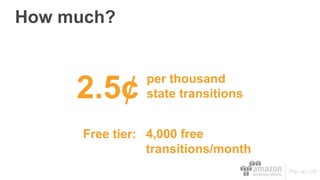 2.5¢
How much?
per thousand
state transitions
4,000 free
transitions/month
Free tier:
 