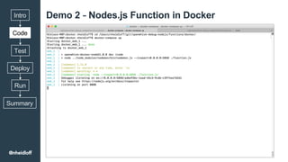 Demo 2 – Nodes.js Function in Docker
Code
Intro
Test
Deploy
Run
Summary
@nheidloff
 
