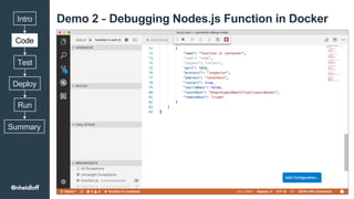 Demo 2 – Debugging Nodes.js Function in Docker
Code
Intro
Test
Deploy
Run
Summary
@nheidloff
 
