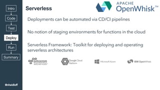 Code
Intro
Test
Deploy
Run
Summary
Serverless
Deployments can be automated via CD/CI pipelines
No notion of staging enviro...