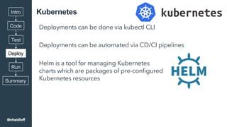 Code
Intro
Test
Deploy
Run
Summary
Kubernetes
Deployments can be done via kubectl CLI
Deployments can be automated via CD/...