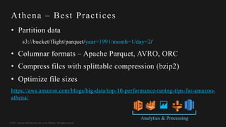 © 2017, Amazon Web Services, Inc. or its Affiliates. All rights reserved.
Athena – Best Practices
• Partition data
s3://bucket/flight/parquet/year=1991/month=1/day=2/
• Columnar formats – Apache Parquet, AVRO, ORC
• Compress files with splittable compression (bzip2)
• Optimize file sizes
https://aws.amazon.com/blogs/big-data/top-10-performance-tuning-tips-for-amazon-
athena/
Analytics & Processing
 