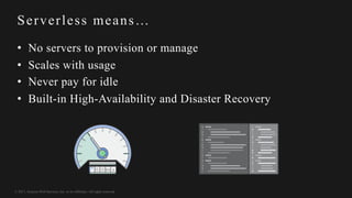 © 2017, Amazon Web Services, Inc. or its Affiliates. All rights reserved.
Serverless means…
• No servers to provision or manage
• Scales with usage
• Never pay for idle
• Built-in High-Availability and Disaster Recovery
 