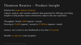 © 2017, Amazon Web Services, Inc. or its Affiliates. All rights reserved.
Thomson Reuters – Product Insight
Solution for usage analysis tracking:
Capture, analyze, and visualize analytics data generated by offerings, providing
insights to help product teams continuously improve the user experience
Throughput: Tested 4,000 requests / second
Growing to 10,000 requests / second or 25 Billion requests / month
Latency: new events to user dashboards in less than 10 seconds
Durable: no data loss since inception
 