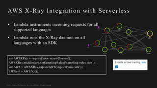© 2017, Amazon Web Services, Inc. or its Affiliates. All rights reserved.
AWS X-Ray Integration with Serverless
• Lambda instruments incoming requests for all
supported languages
• Lambda runs the X-Ray daemon on all
languages with an SDK
var AWSXRay = require(‘aws-xray-sdk-core‘);
AWSXRay.middleware.setSamplingRules(‘sampling-rules.json’);
var AWS = AWSXRay.captureAWS(require(‘aws-sdk’));
S3Client = AWS.S3();
 