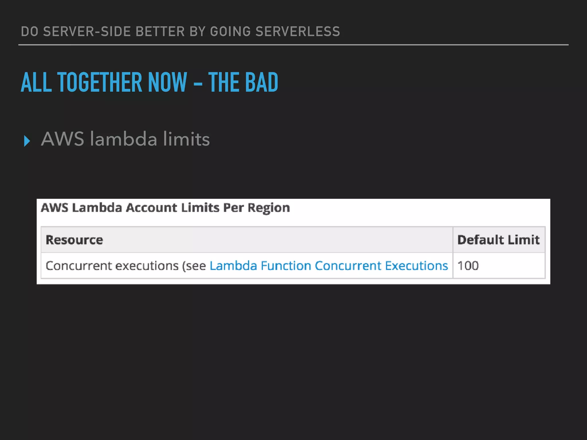 DO SERVER-SIDE BETTER BY GOING SERVERLESS
ALL TOGETHER NOW - THE BAD
▸ AWS lambda limits
 