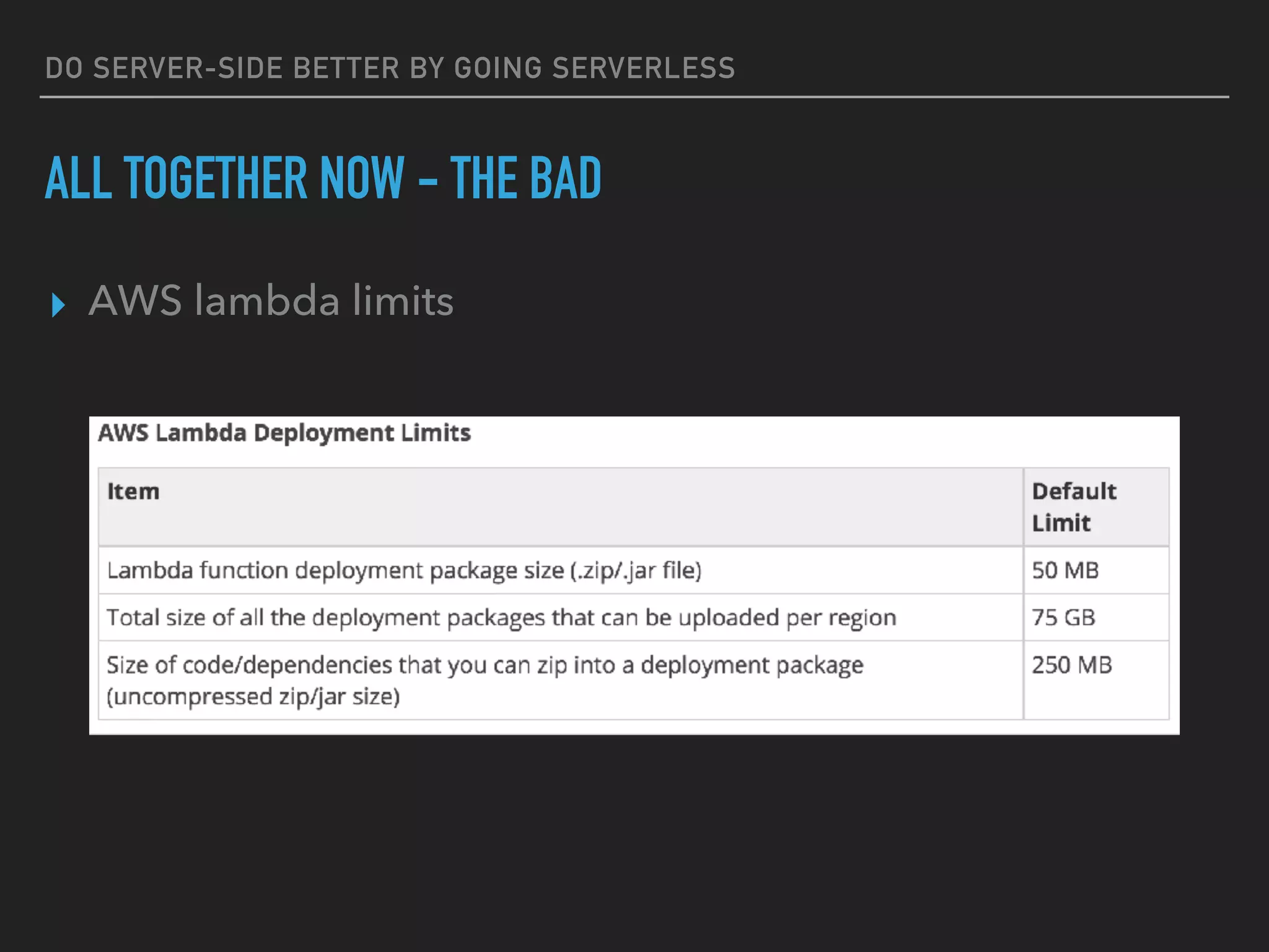 DO SERVER-SIDE BETTER BY GOING SERVERLESS
ALL TOGETHER NOW - THE BAD
▸ AWS lambda limits
 