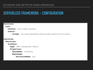 DO SERVER-SIDE BETTER BY GOING SERVERLESS
SERVERLESS FRAMEWORK - CONFIGURATION
functions:
echo:
handler: foo/index.handler
events:
- stream: arn:aws:dynamodb:region:xxx:table/foo/stream/…
resources:
Resources:
fooTable:
Type: AWS::DynamoDB::Table
Properties:
TableName: fooTable
KeySchema:
- AttributeName: baz
 