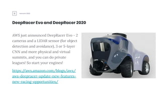 reInvent 2020
DeepRacer Evo and DeepRacer 2020
AWS just announced DeepRacer Evo - 2
cameras and a LIDAR sensor (for object...