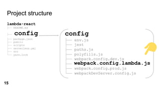 Project structure
lambda-react
├── README.md
├── config
├── package.json
├── public
├── scripts
├── serverless.yml
├── src
└── yarn.lock
config
├── env.js
├── jest
├── paths.js
├── polyfills.js
├── webpack.config.dev.js
├── webpack.config.lambda.js
├── webpack.config.prod.js
└── webpackDevServer.config.js
webpack.config.lambda.js
15
 