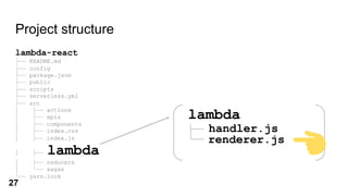Project structure
lambda-react
├── README.md
├── config
├── package.json
├── public
├── scripts
├── serverless.yml
├── src
│ ├── actions
│ ├── apis
│ ├── components
│ ├── index.css
│ ├── index.js
│ ├── lambda
│ ├── reducers
│ └── sagas
└── yarn.lock
lambda
├── handler.js
└── renderer.jsrenderer.js
handler.js
27
 
