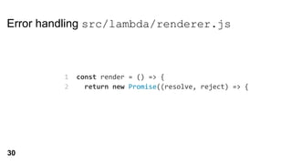 Error handling src/lambda/renderer.js
1 const render = () => {
2 return new Promise((resolve, reject) => {
30
 