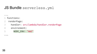 JS Bundle serverless.yml
...
1 functions:
2 renderPage:
3 handler: src/lambda/handler.renderPage
4 environment:
5 NODE_ENV: "AWS"
...
NODE_ENV: "AWS"
33
 