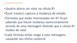 Exemplo prático! Planilha Excel
•Usuário altera um valor na célula B1
•Excel (reator) captura a mudança de estado.
•Fórmulas que estão interessadas em B1 ficam
sabendo que houve mudança assincronamente
através de uma mensagem dizendo que a célula B1
mudou de valor
•Cada fórmula então reage a esta mensagem,
causando seu efeito colateral
 