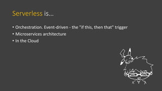 Serverless is…
• Orchestration. Event-driven - the "if this, then that" trigger
• Microservices architecture
• In the Cloud
 