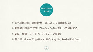 Functional
SaaS
12
それ単体では一般向けサービスとしては機能しない
開発者が自身のアプリケーションの一部として利用する
認証・検索・データベース（データ同期）
例： Firebase, Cognito, Auth0, Algolia, Realm Platform
 