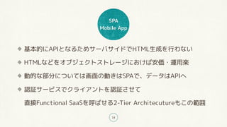 SPA
Mobile App
14
基本的にAPIとなるためサーバサイドでHTML生成を行わない
HTMLなどをオブジェクトストレージにおけば安価・運用楽
動的な部分については画面の動きはSPAで、データはAPIへ
認証サービスでクライアントを認証させて 
直接Functional SaaSを呼ばせる2-Tier Architecutureもこの範囲
 