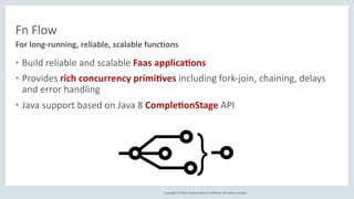 Copyright © 2019, Oracle and/or its affiliates. All rights reserved.
Fn Flow
• Build reliable and scalable Faas applica(on...