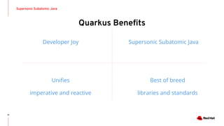 Supersonic Subatomic Java
Quarkus Beneﬁts
Developer Joy Supersonic Subatomic Java
Uniﬁes
imperative and reactive
Best of breed
libraries and standards
19
 