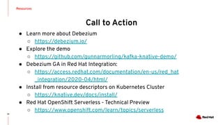 Call to Action
Resources
26
● Learn more about Debezium
○ https://debezium.io/
● Explore the demo
○ https://github.com/gunnarmorling/kafka-knative-demo/
● Debezium GA in Red Hat Integration:
○ https://access.redhat.com/documentation/en-us/red_hat
_integration/2020-04/html/
● Install from resource descriptors on Kubernetes Cluster
○ https://knative.dev/docs/install/
● Red Hat OpenShift Serverless - Technical Preview
○ https://www.openshift.com/learn/topics/serverless
 