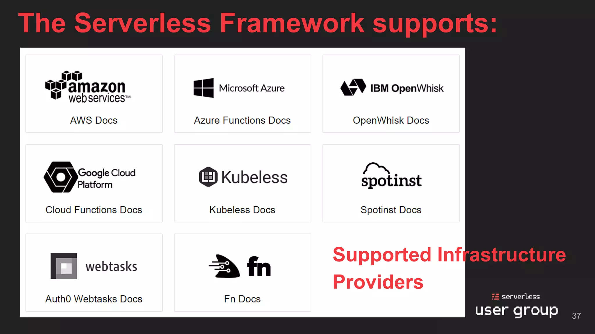 The Serverless Framework supports:
Supported Infrastructure
Providers
37
 